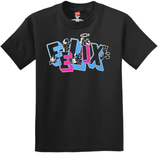 Youth black Felix Funhouse graphic t-shirt with colorful retro cartoon artwork