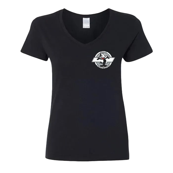 Black v-neck t-shirt with a graphic of Felix the Cat and the Chevrolet logo on the back.