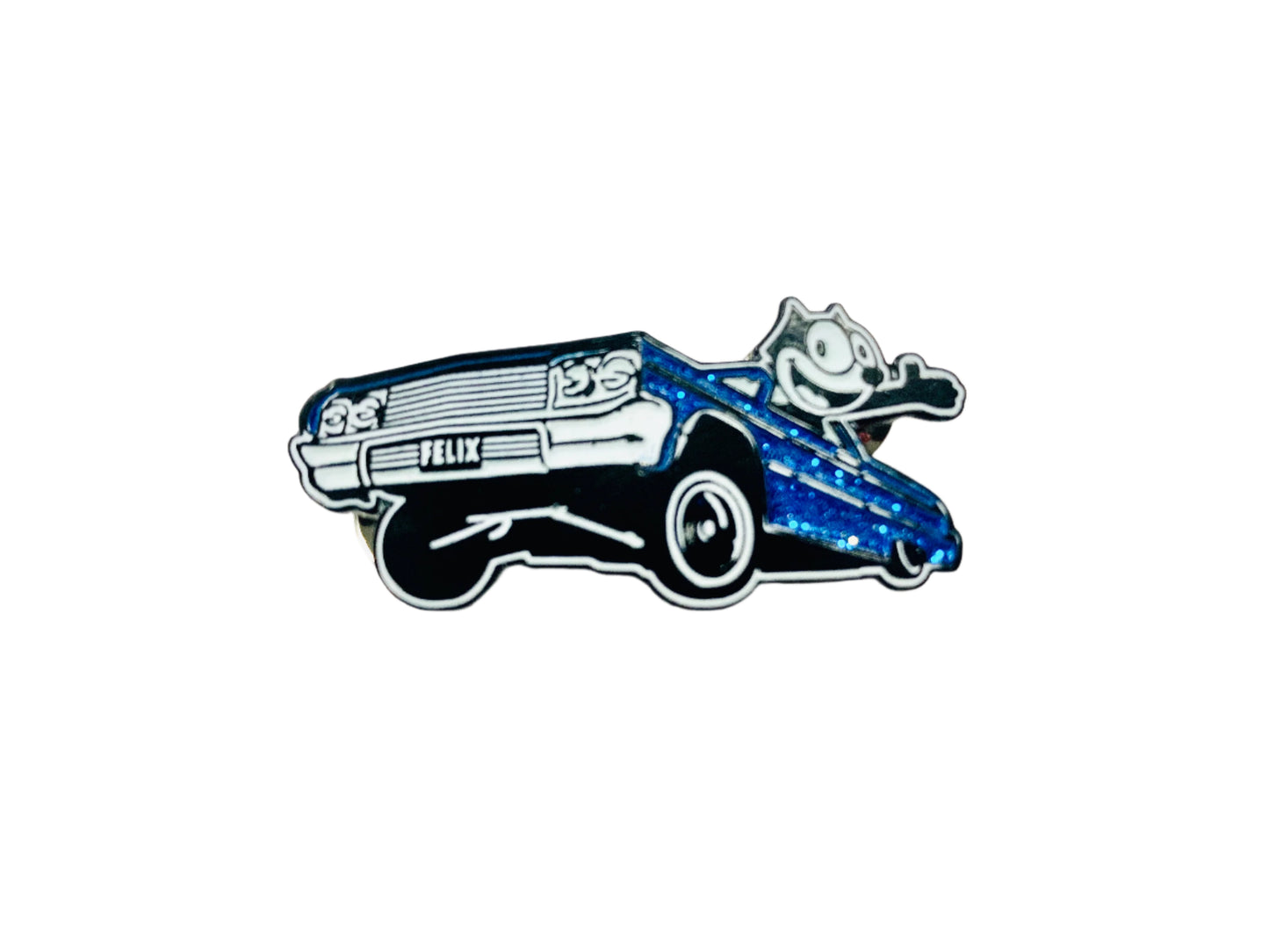 Felix The Cat 1964 lowrider metal flake enamel collector pin in blue