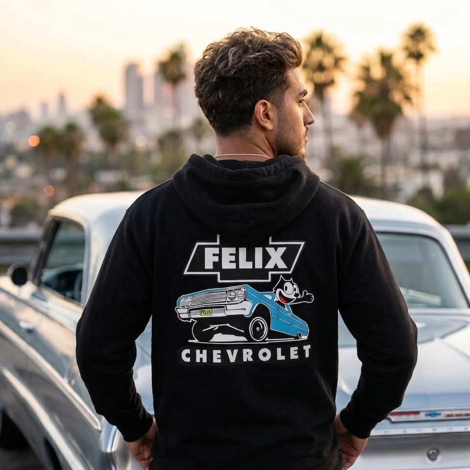 Person wearing black 1964 Impala Metal Flake Hoodie – Blue with vintage Felix Chevrolet lowrider artwork