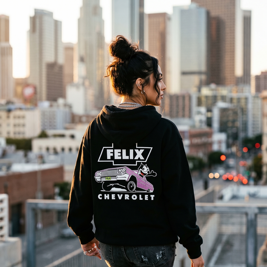 Model wearing ’64 Metal Flake Hoodie – Purple with lowrider inspired back graphic artwork
