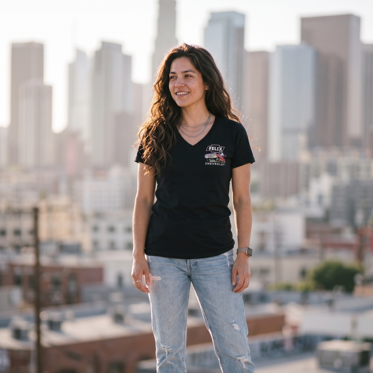 Woman wearing black ’64 Metal Flake V Neck – Red with vintage Felix Chevrolet lowrider artwork