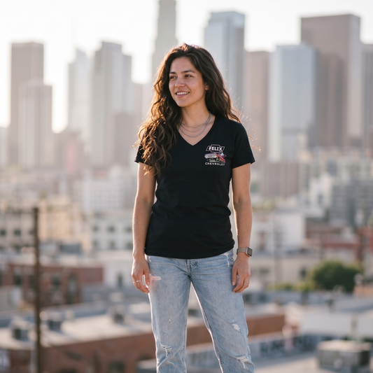 Woman wearing black ’64 Metal Flake V Neck – Red with vintage Felix Chevrolet lowrider artwork