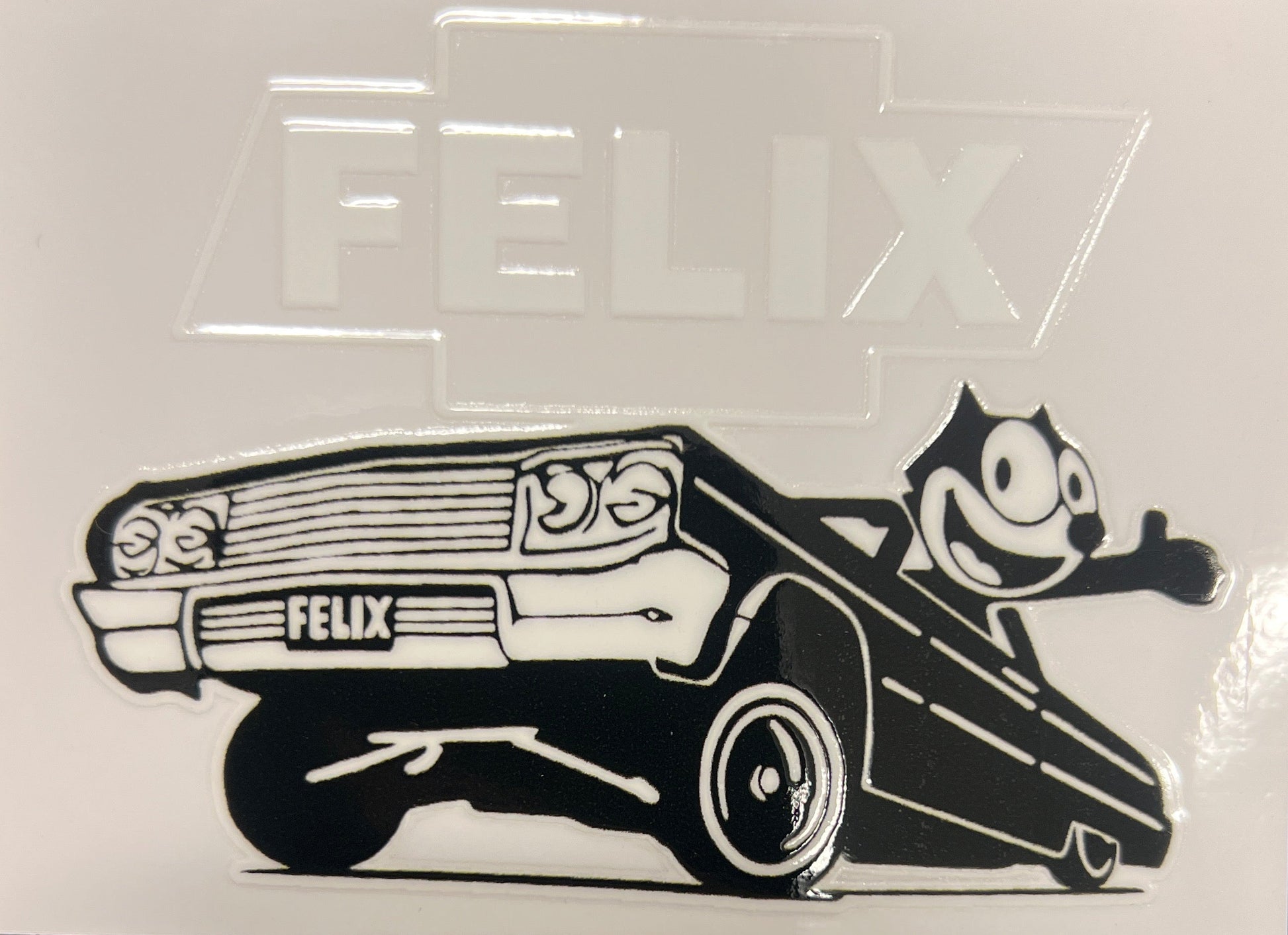 Felix Chevrolet lowrider vinyl decal with vintage Chevrolet Impala artwork