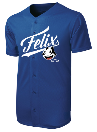 Felix Chevrolet blue home game day baseball jersey with button front design