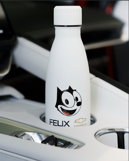 Felix mascot logo on Felix Chevrolet stainless steel water bottle