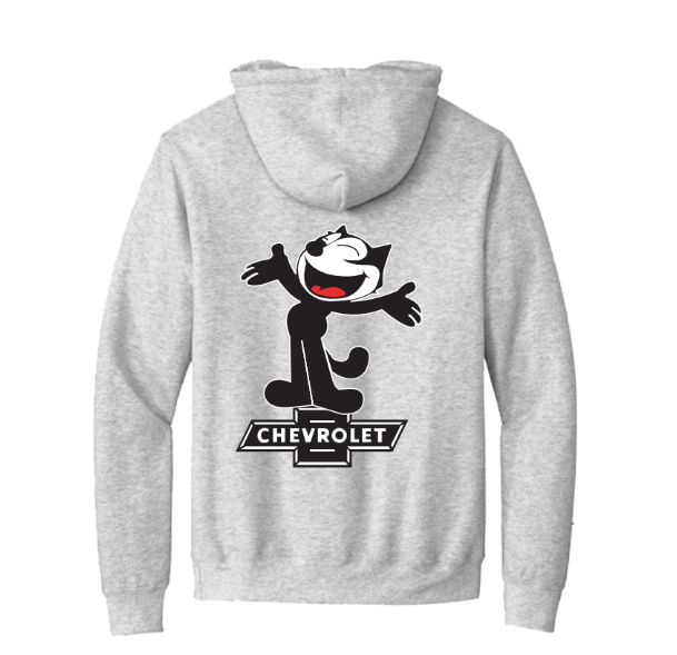 Back view of Felix Bowtie Zip Hoodie in heather grey with oversized Felix The Cat graphic