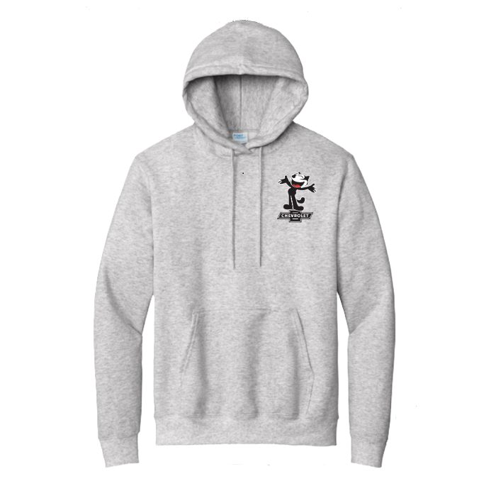 Front view of heather grey Felix Bowtie  Hoodie with chest graphic detail