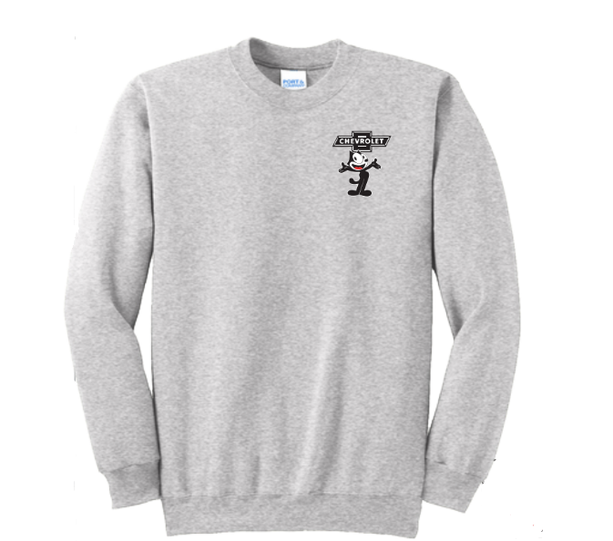 Front view of ash grey Felix Classic Crewneck sweatshirt with Chevrolet bowtie logo
