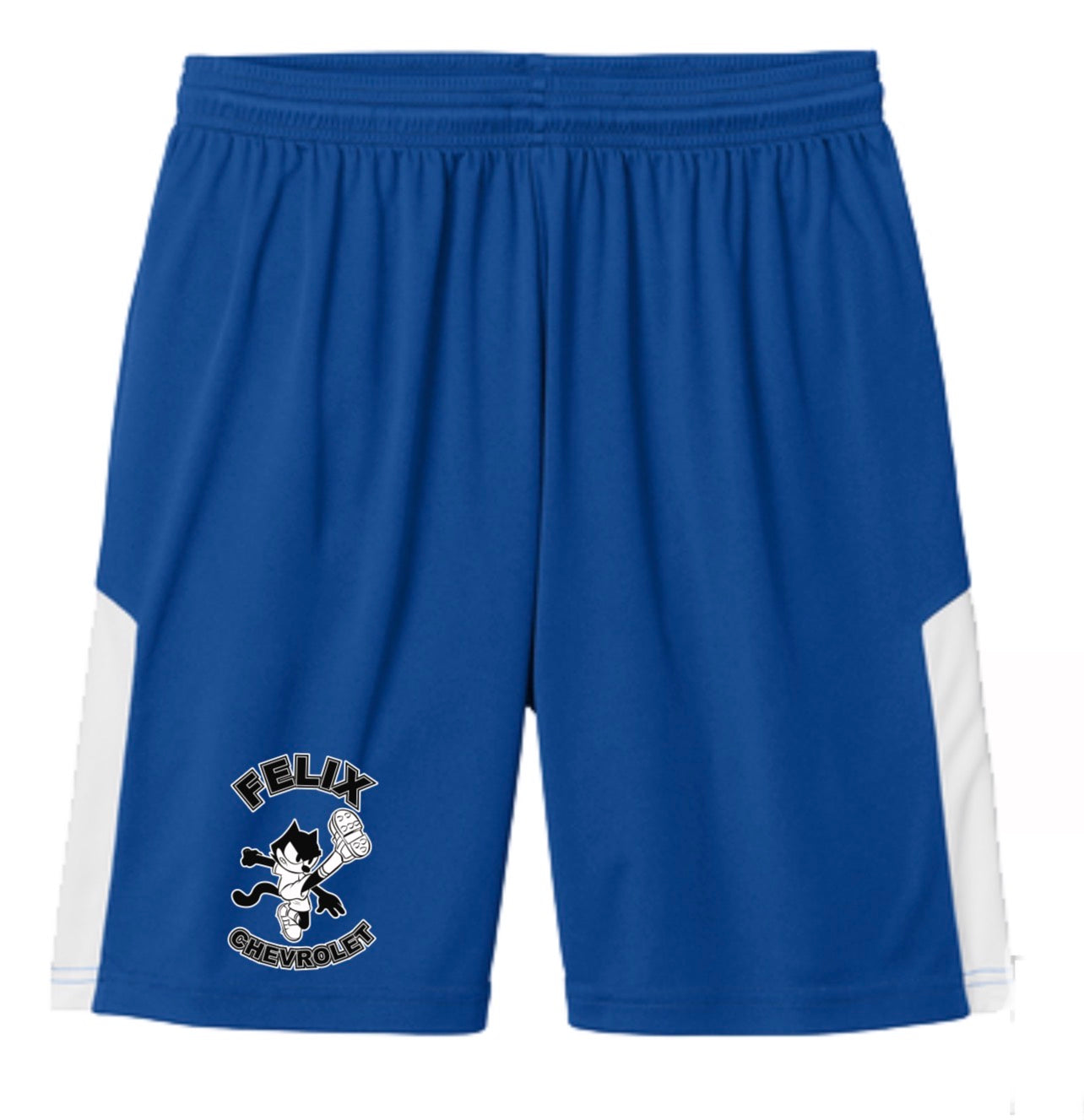 Matching royal blue Felix FC athletic shorts with graphic detail