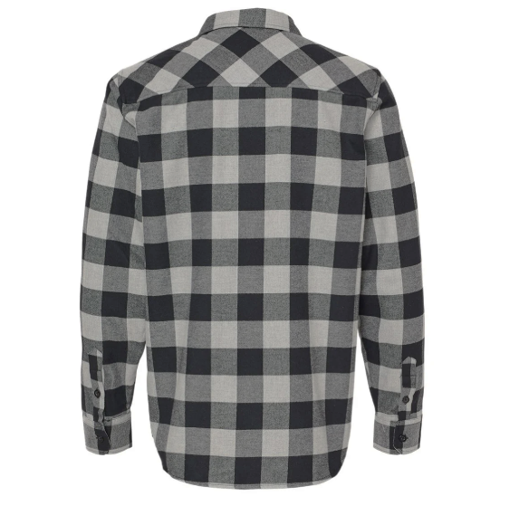 Back view of grey and black checkered Felix flannel long sleeve shirt