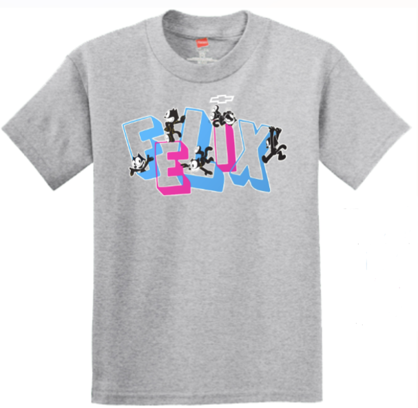 Youth grey Felix Funhouse graphic t-shirt with colorful retro cartoon artwork