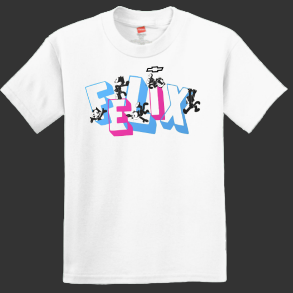 Youth white Felix Funhouse graphic t-shirt with colorful retro cartoon artwork