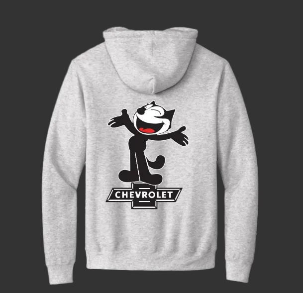 Back graphic of Felix Hug Hoodie featuring Felix The Cat hugging Chevrolet bowtie logo