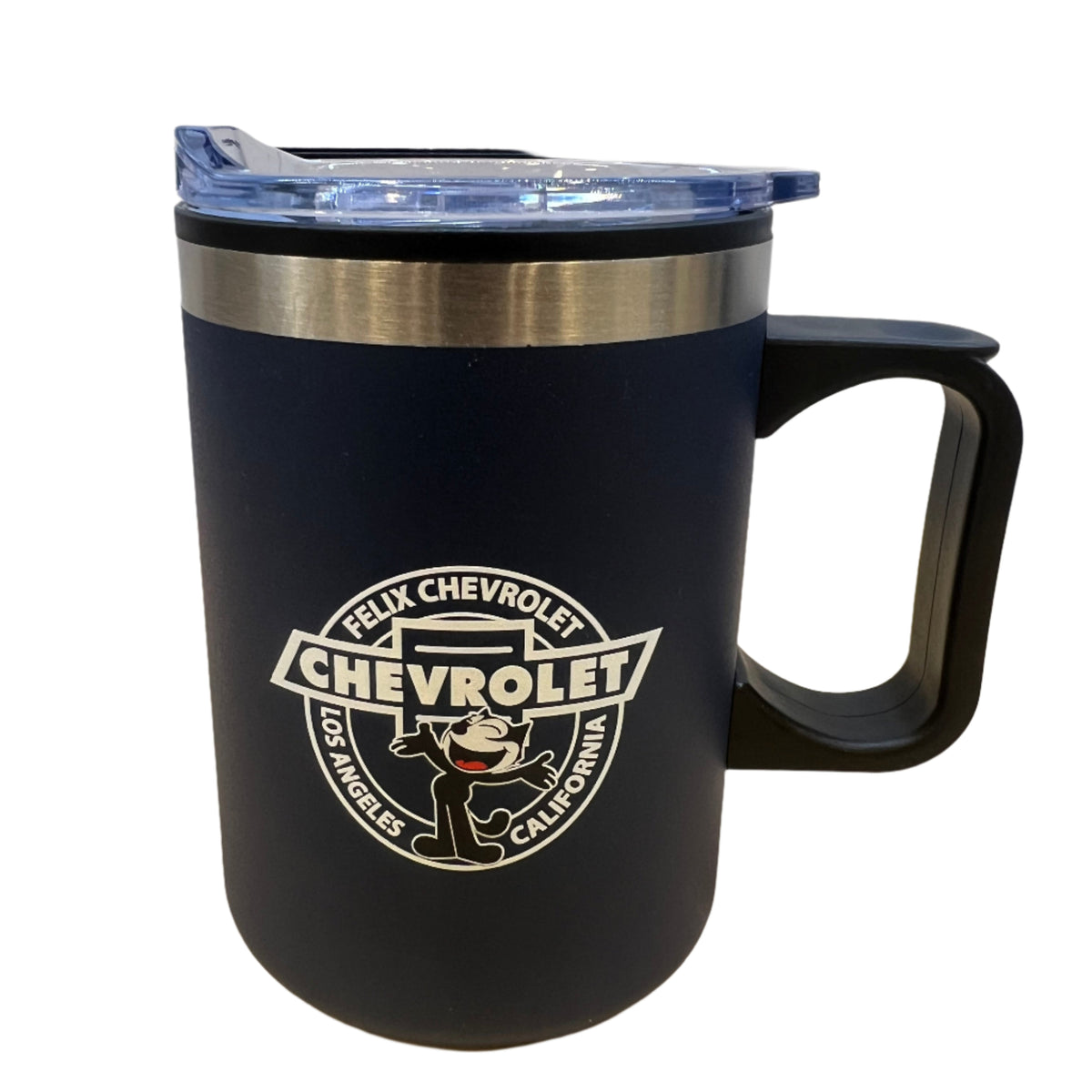Felix Road Trip insulated coffee mug in navy with Felix Chevrolet logo artwork