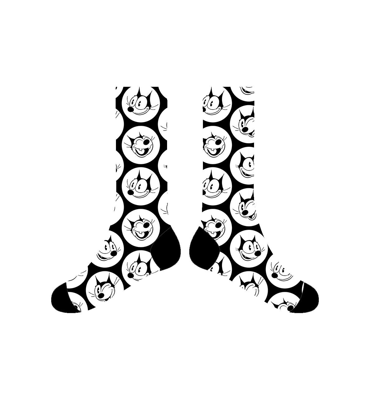 Black Felix Vintage Crew Socks with repeating white Felix The Cat pattern