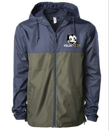 Felix windbreaker jacket in navy and olive colorblock with embroidered chest logo