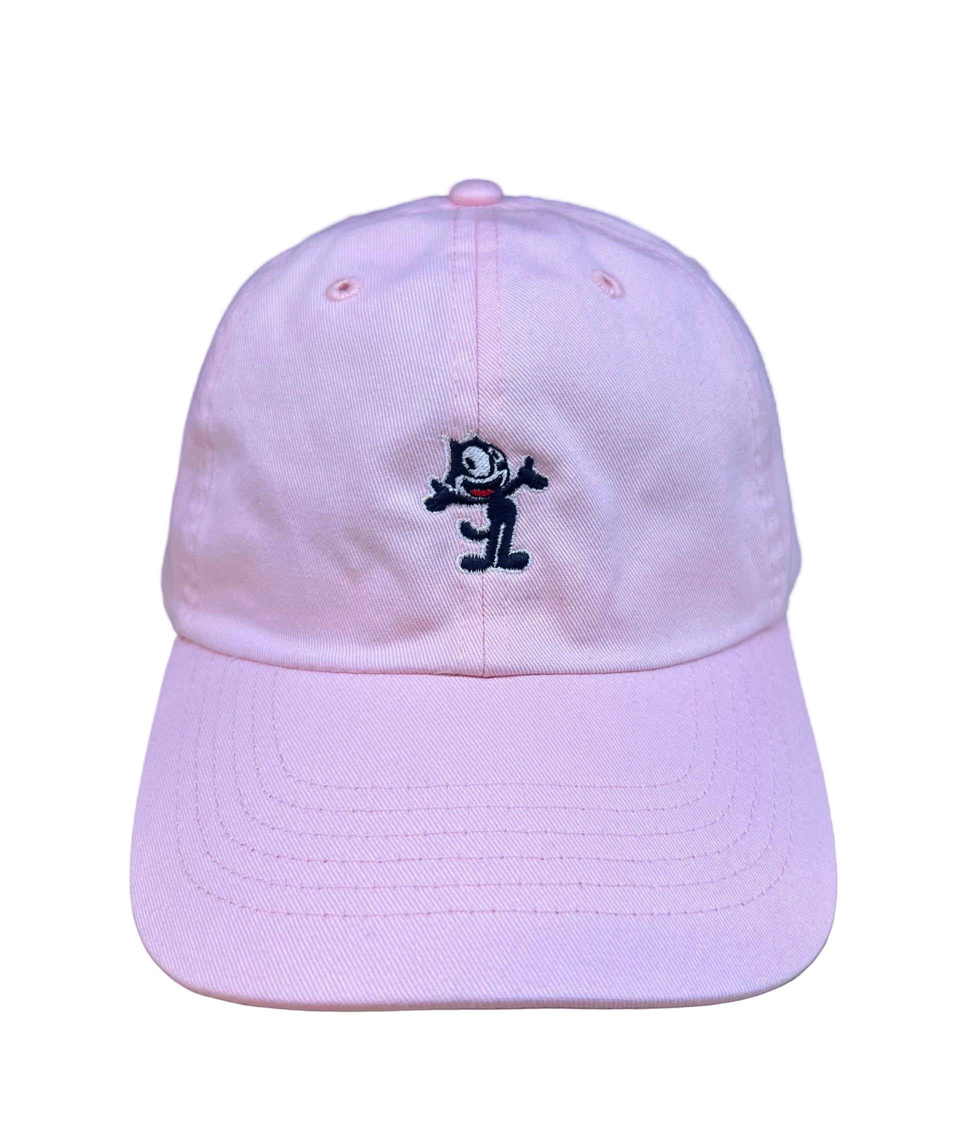 Pink Felix The Cat dad hat with vintage embroidered cartoon logo