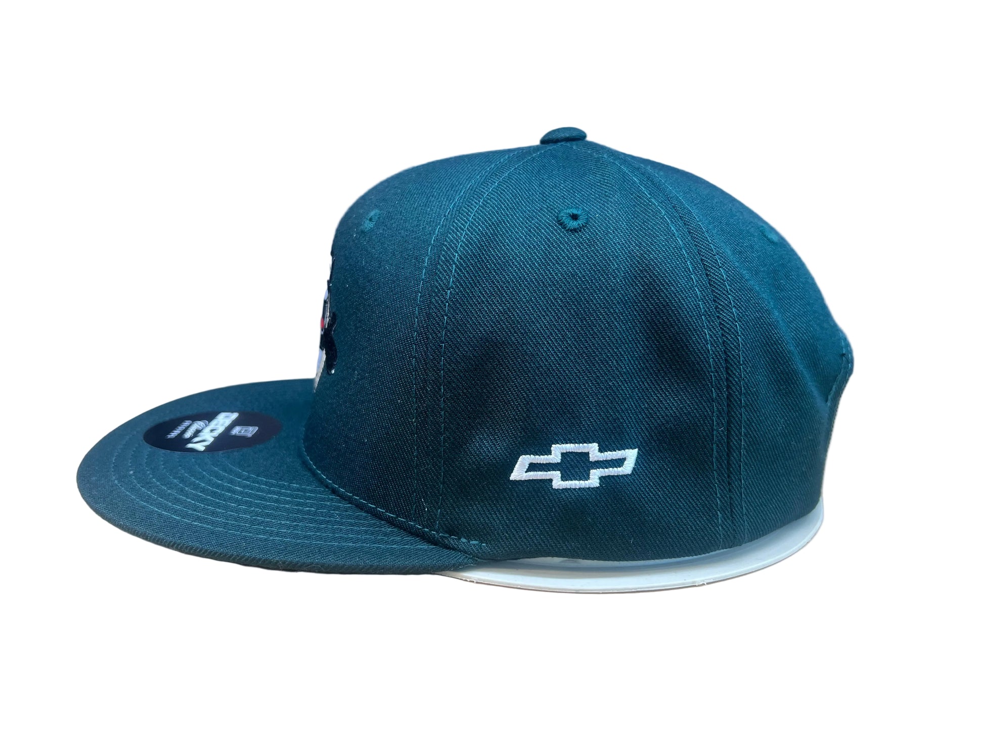 Side view of green Felix The Cat snapback cap with Chevrolet bowtie embroidery