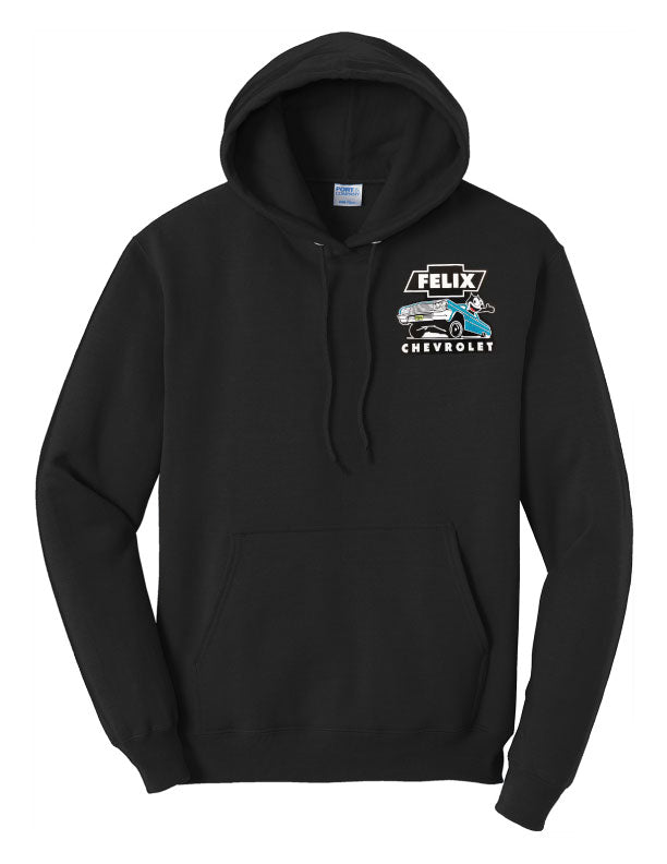 Front view of black 1964 Impala Metal Flake Hoodie with blue lowrider graphic