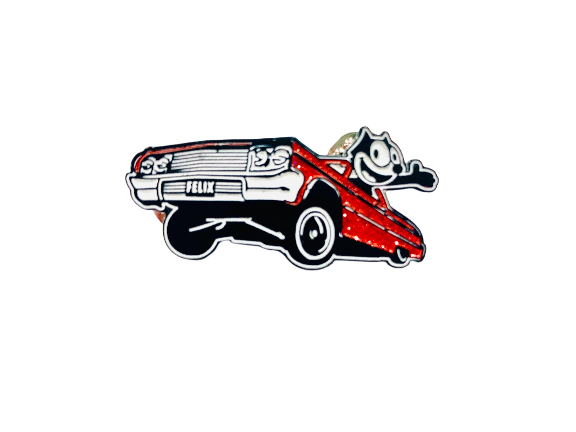 Felix The Cat 1964 lowrider metal flake enamel collector pin in red