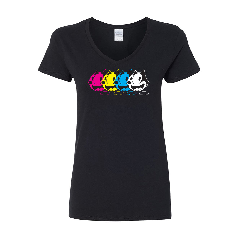 Women's black V-neck t-shirt with a graphic of Felix the Cat in multicolor design on the front.