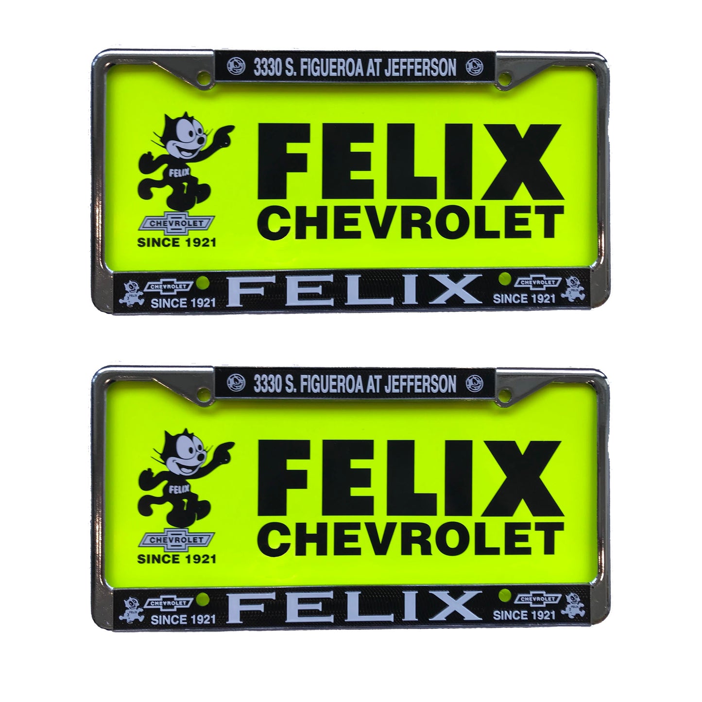 Plastic Chrome License Plate Set of 2 Frames with 2 Neon Yellow Inserts